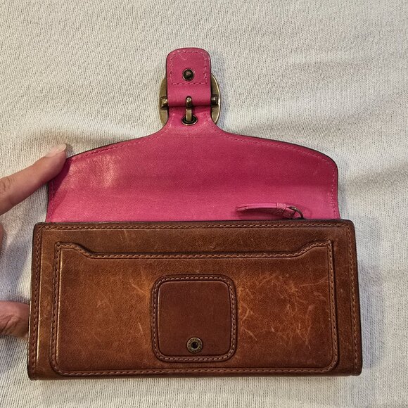 Coach Brown VINTAGE Bleeker Leather Wallet GUC Pink Interior Cream Plaid Fabric - Picture 4 of 16